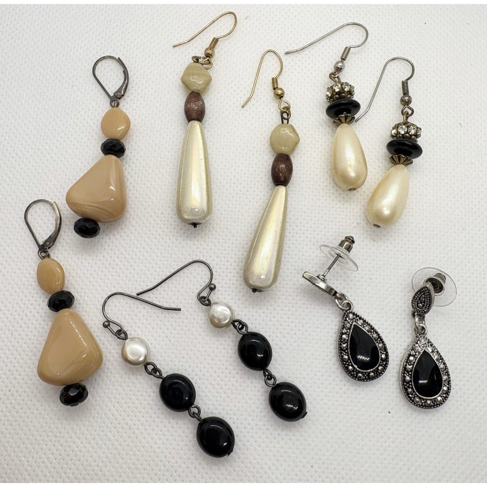 Vintage Lot of 5 Pairs Dangle Drop Earrings Black Cream Beige Beaded Faux Pearl
